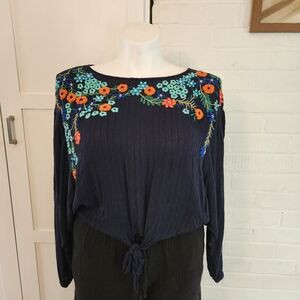 Navy Blue Boho Embroidered Floral Tie-Front Blouse – Artisan Festival Top